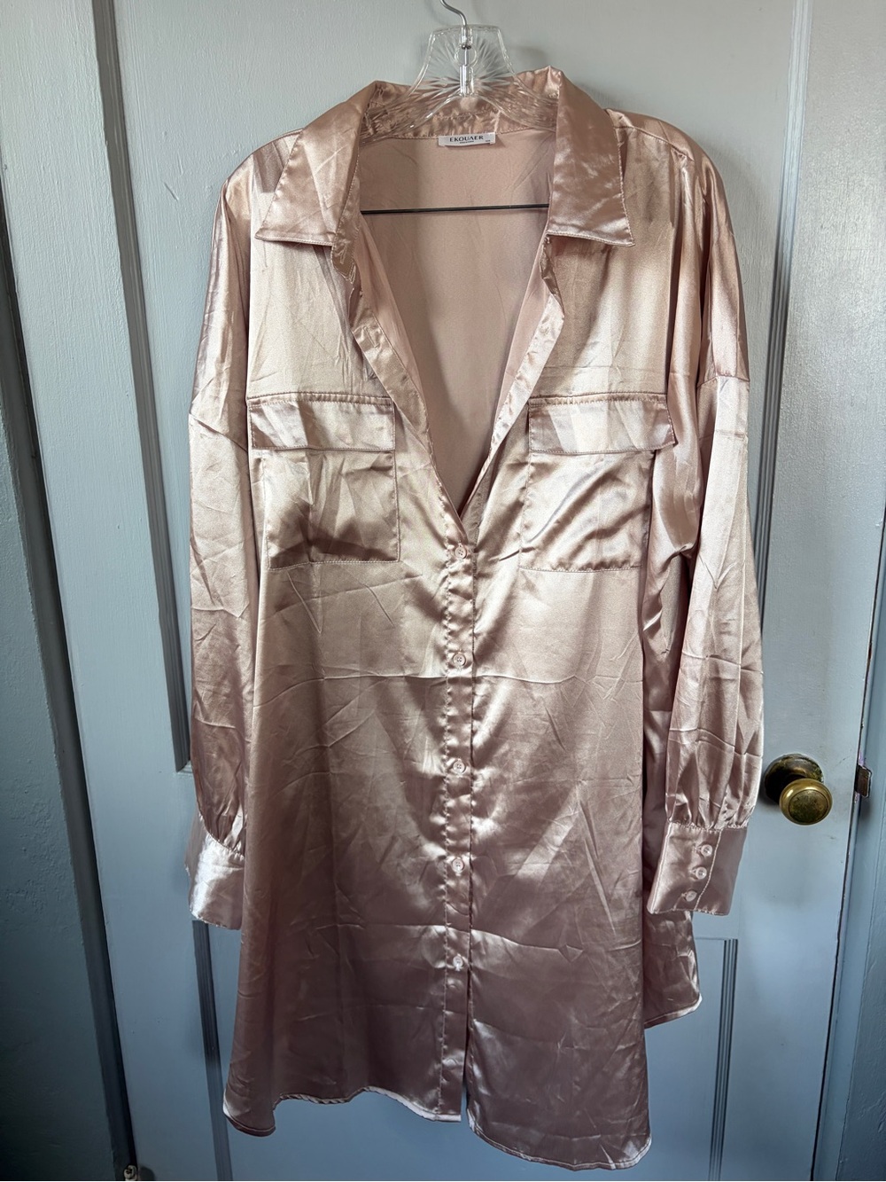 Satin Long Sleeve Shirt Dress in Blush - Unknown Brand 9-09